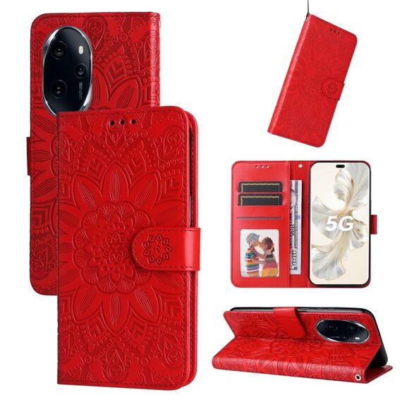 Custodia per telefono in pelle girasole goffrata per Honor 100 Pro (rossa)