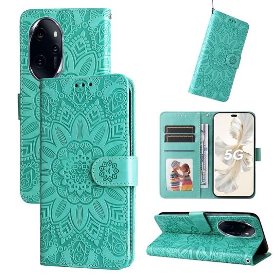 Custodia per telefono in pelle girasole goffrata per Honor 100 Pro (verde)