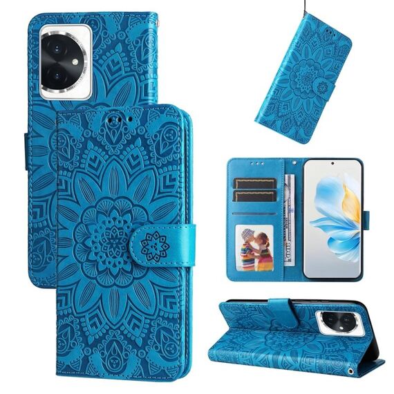 Custodia per telefono in pelle girasole goffrata per Honor 100 (blu)