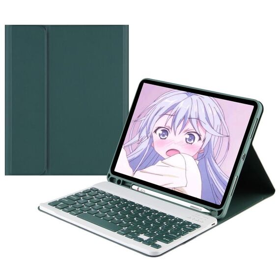 Per Samsung Galaxy Tab S9 FE Custodia in pelle con tastiera Bluetooth con cappuccio quadrato e slot per penna (verde scuro)