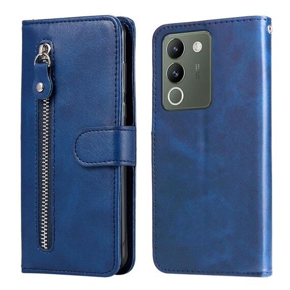 Custodia per telefono in pelle con cerniera con texture di vitello globale per vivo Y200 / V29e (blu)