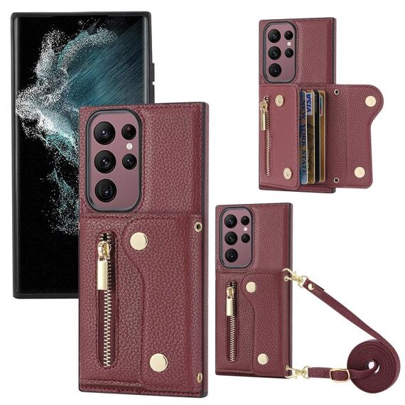 Per Samsung Galaxy S22 Ultra DF-09 Borsa a tracolla con texture Litchi Design Custodia per telefono in PU (Vino Rosso)
