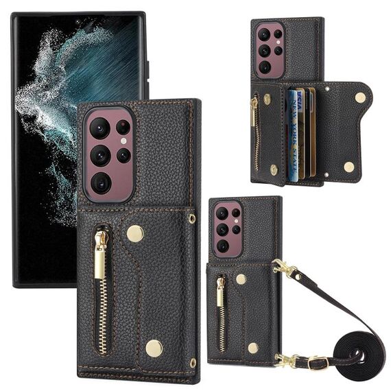 Per Samsung Galaxy S22 Ultra DF-09 Borsa a tracolla con texture Litchi Design Custodia per telefono in PU (Nero)
