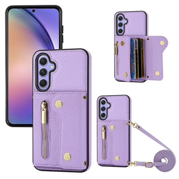 Per Samsung Galaxy S24 DF-09 Custodia per telefono in PU con texture litchi a tracolla (viola)