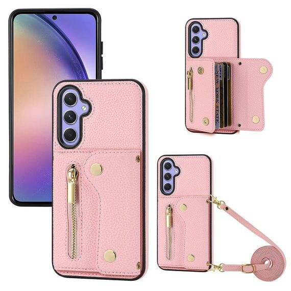 Per Samsung Galaxy S24 DF-09 Custodia per telefono in PU con trama a tracolla con texture Litchi (rosa)
