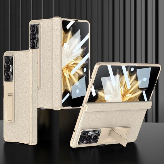 Per Honor Magic V2 GKK Custodia per cellulare in pelle con cerniera magnetica integrata con supporto (oro)