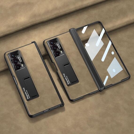Per Honor Magic V2 GKK Custodia per telefono in pelle con cerniera pieghevole integrata smerigliata con supporto (marrone)
