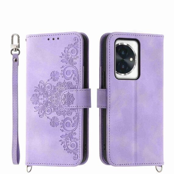 Custodia per telefono in pelle a portafoglio con fiori in rilievo per Honor 100 (viola)