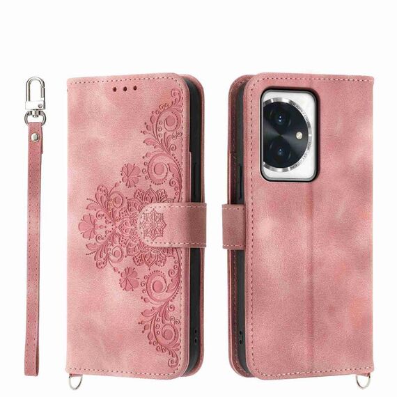 Custodia per telefono in pelle a portafoglio con fiori in rilievo per Honor 100 (rosa)