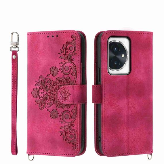 Custodia per telefono in pelle a portafoglio con fiori in rilievo per Honor 100 (vino rosso)
