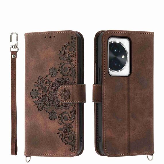 Custodia per telefono in pelle a portafoglio con fiori in rilievo per Honor 100 (marrone)