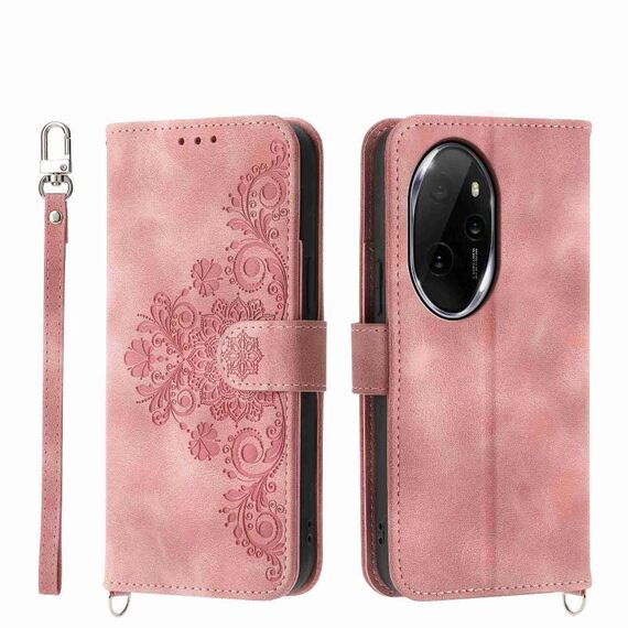 Custodia per telefono in pelle a portafoglio con fiori in rilievo per Honor 100 Pro (rosa)