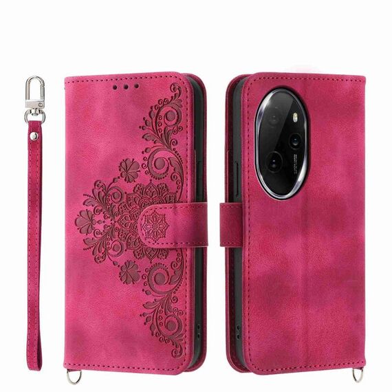 Custodia per telefono in pelle a portafoglio con fiori in rilievo per Honor 100 Pro (vino rosso)