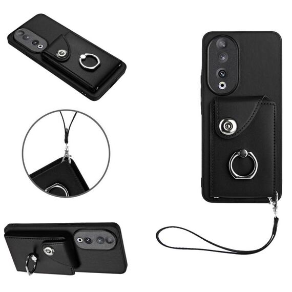 Custodia per telefono in PU con supporto per anello per borsa per organo per Honor 90 con cordino (nero)