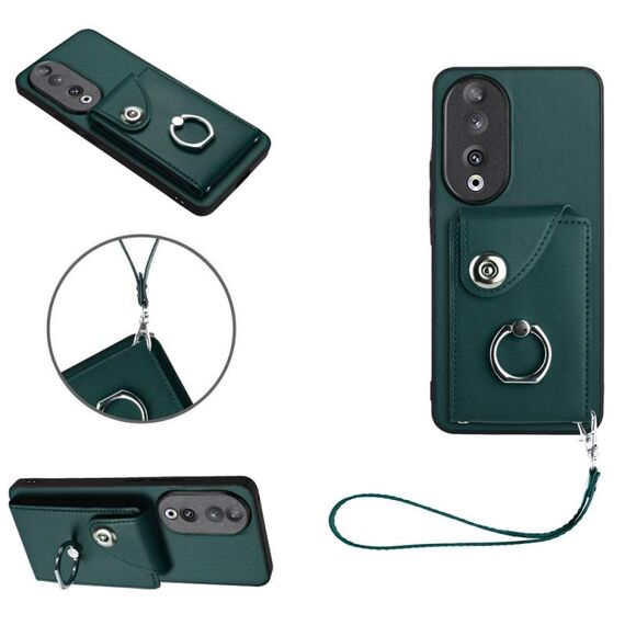 Custodia per telefono in PU con supporto per anello per borsa per organo per Honor 90 con cordino (verde)