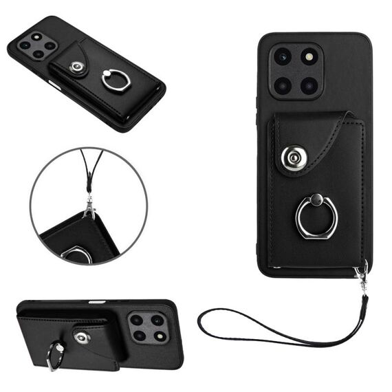 Custodia per telefono in PU con supporto per anello per borsa per organo globale per Honor X6a con cordino (nero)
