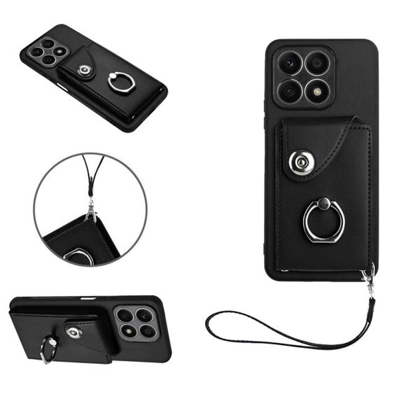 Custodia per cellulare in PU con supporto per anello per borsa per organo Honor X8a con cordino (nero)