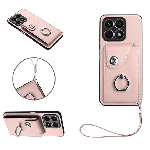 Custodia per telefono in PU con supporto per anello per borsa per organo per Honor X8a con cordino (rosa)