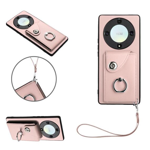 Per Honor X9a/Magic5 Lite Borsa per carte d'organo Porta anelli Custodia per telefono in PU con cordino (rosa)