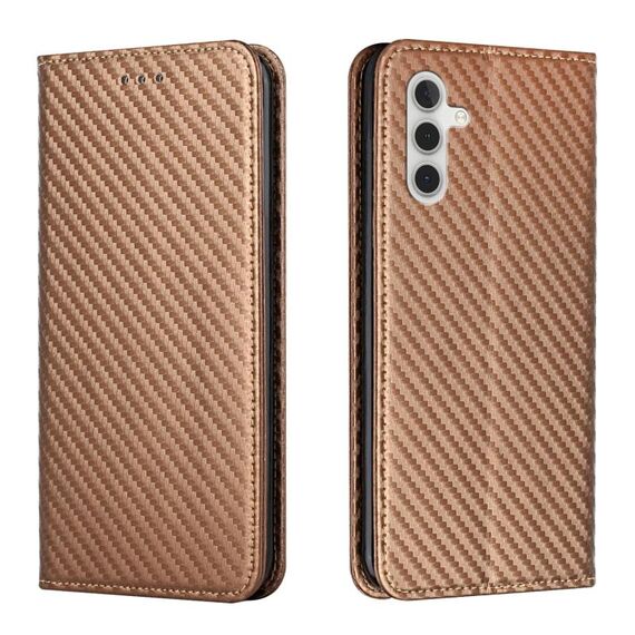 Per Samsung Galaxy S24+ 5G Custodia in pelle con supporto a vibrazione in fibra di carbonio (marrone)