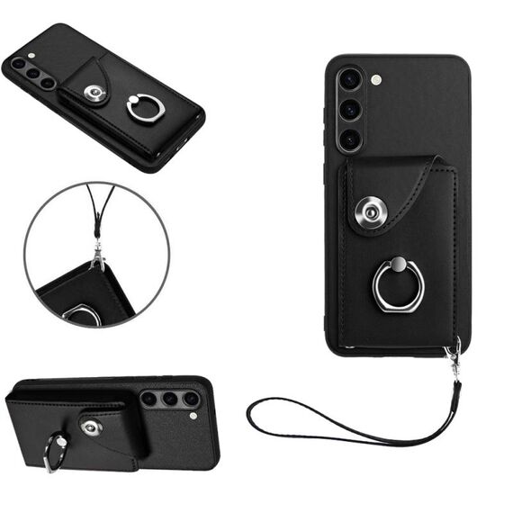 Per Samsung Galaxy S23+ 5G Custodia per cellulare con supporto per anello in organza con cordino (nero)