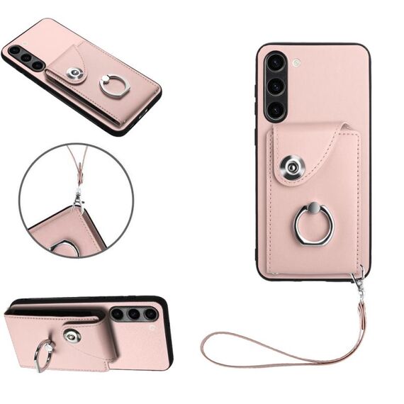 Per Samsung Galaxy S23+ 5G Custodia per telefono in PU con supporto per anello per carte d'organo con cordino (rosa)