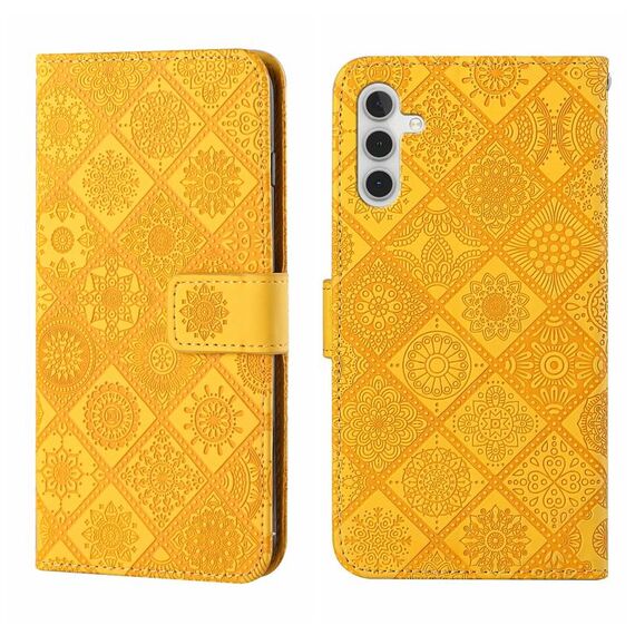 Custodia per telefono in pelle con motivo in rilievo stile etnico per Samsung Galaxy S24 5G (giallo)