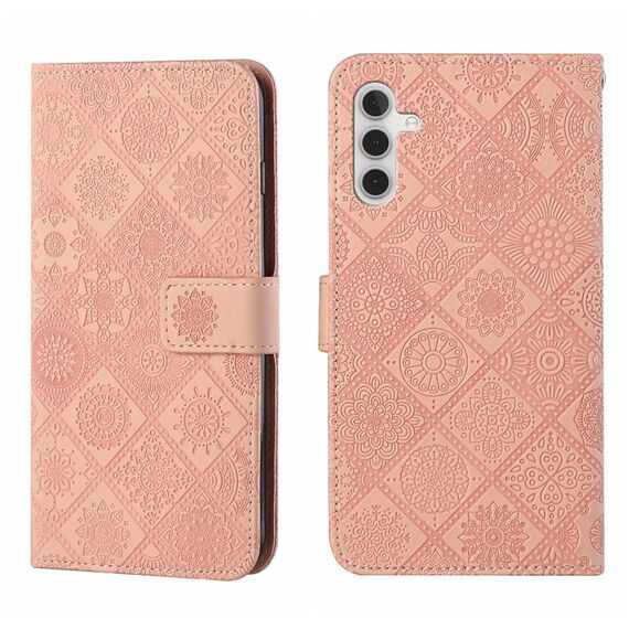 Custodia per telefono in pelle con motivo in rilievo stile etnico per Samsung Galaxy S24+ 5G (rosa)