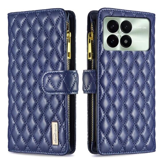 Per Xiaomi Redmi K70E Custodia per cellulare con portafoglio in pelle con cerniera a reticolo di diamanti (blu)
