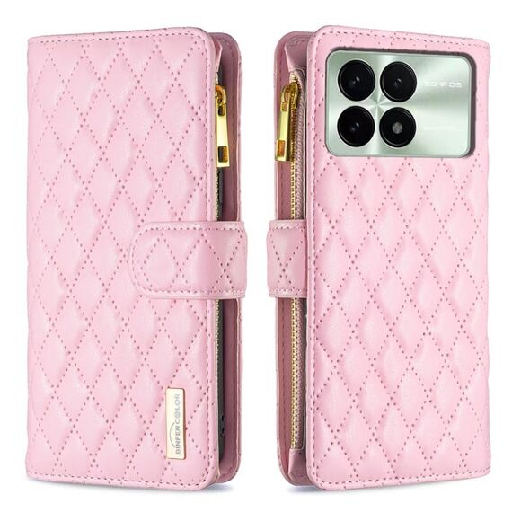 Per Xiaomi Redmi K70E Custodia a portafoglio in pelle con cerniera a reticolo di diamanti (rosa)