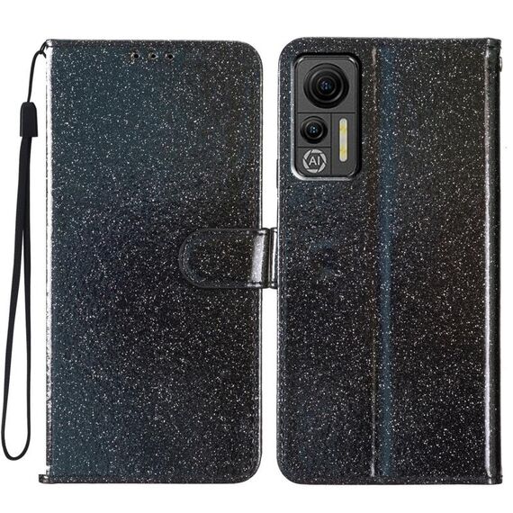 Custodia per telefono in pelle con vibrazione in polvere glitterata per Ulefone Note 14 (nera)