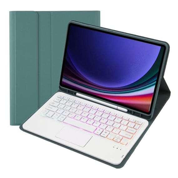 Per Samsung Galaxy Tab S9 FE Candy Color Touch Retroilluminazione Tastiera Bluetooth Custodia tablet in pelle con portapenne (Verde scuro)