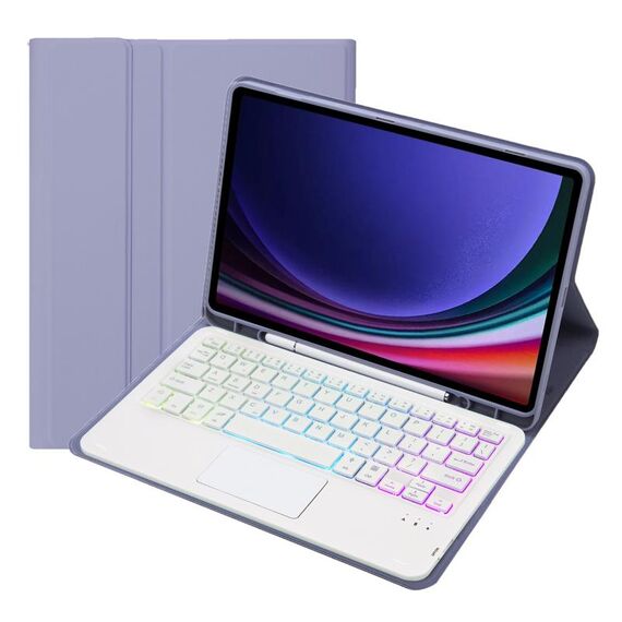 Per Samsung Galaxy Tab S9 FE Custodia per tablet in pelle con tastiera Bluetooth retroilluminata touch color caramello con portapenne (viola)