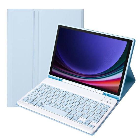 Per Samsung Galaxy Tab S9 FE A710B Custodia per tablet in pelle con tastiera Bluetooth TPU color caramello con portapenne (blu ghiaccio)