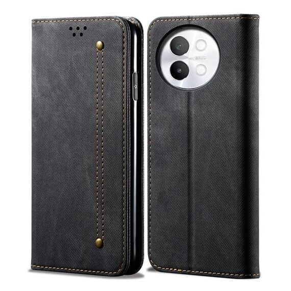 Custodia per cellulare in pelle flip con texture denim per vivo S18e (nera)
