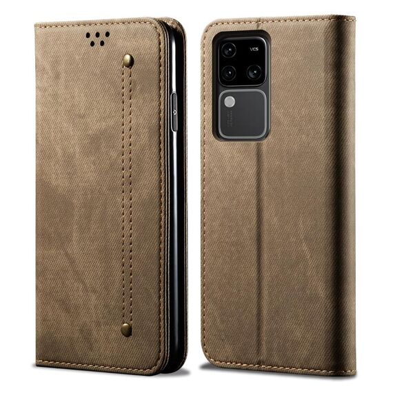 Custodia per cellulare in pelle flip con texture denim per vivo S18 (cachi)