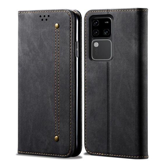 Custodia per cellulare in pelle flip con texture denim per vivo S18 (nera)