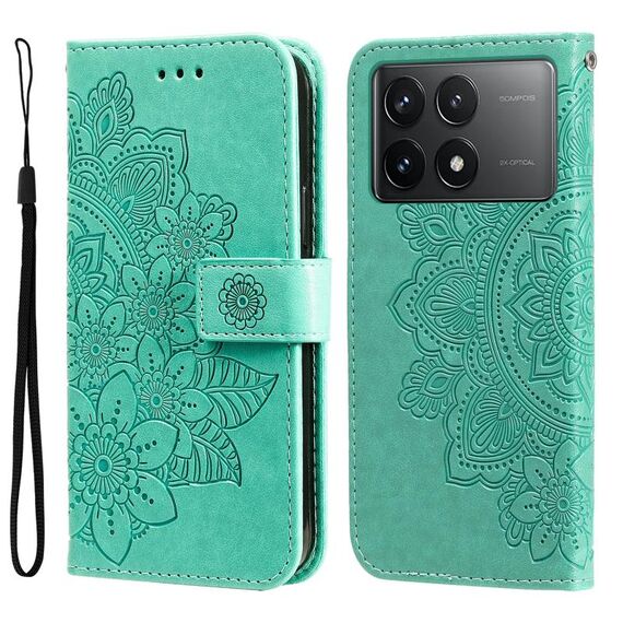 Custodia per telefono in pelle con stampa a fiori a 7 petali per Xiaomi Redmi K70 / K70 Pro (verde)