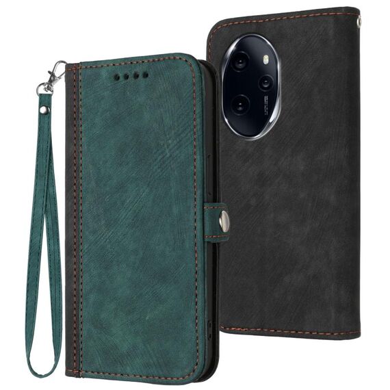 Custodia per telefono in pelle con cinturino a doppia piega con fibbia laterale per Honor 100 Pro (verde scuro)
