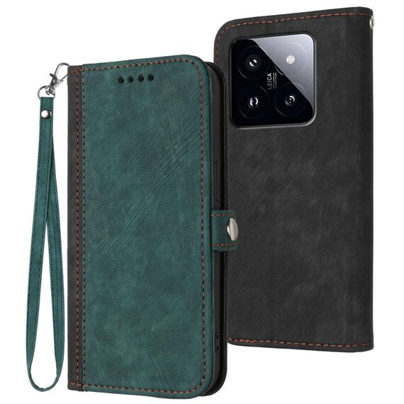 Per Xiaomi 14 Pro Custodia per telefono in pelle con fibbia laterale doppia piega (verde scuro)