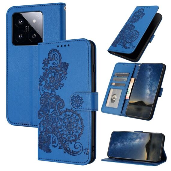 Custodia per telefono in pelle Flip in rilievo con fiori Datura per Xiaomi 14 Pro (blu)