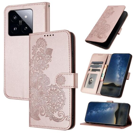 Per Xiaomi 14 Pro Datura Custodia per cellulare in pelle con motivo floreale in rilievo (oro rosa)