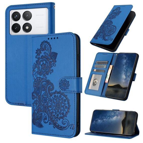 Per Xiaomi Redmi K70 Datura Custodia in pelle con motivo floreale in rilievo (blu)