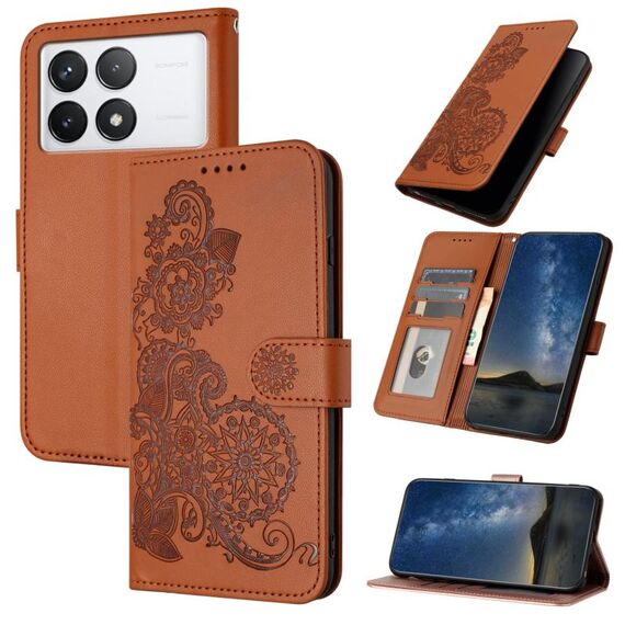 Per Xiaomi Redmi K70 Custodia per telefono in pelle con vibrazione in rilievo fiore Datura (marrone)