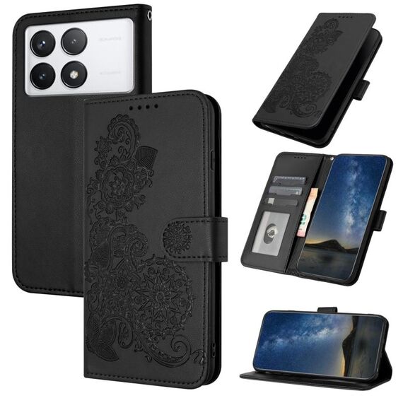 Per Xiaomi Redmi K70 Datura Custodia in pelle con motivo floreale in rilievo (nera)