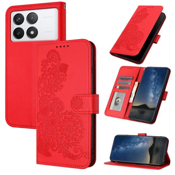 Per Xiaomi Redmi K70E Custodia per telefono in pelle Flip con motivo floreale Datura in rilievo (Rosso)