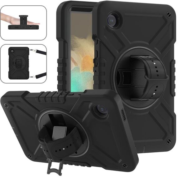 Per Samsung Galaxy Tab A9 X110 X Custodia per tablet in silicone ibrido per PC con rotazione e cinturino (nero completo)