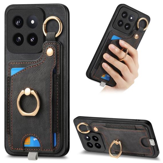 Per Xiaomi 14 Pro Custodia per telefono con sacchetto per carte ad anello retro skin-feel con anello per appendere (nero)