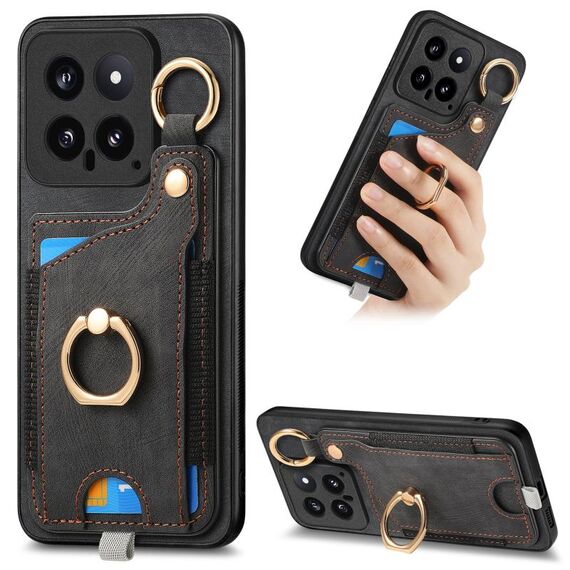 Per Xiaomi 14 Custodia per telefono con sacchetto per carte ad anello retro skin-feel con anello per appendere (nero)