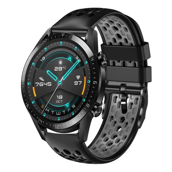 Per Huawei Watch GT2 46mm 22mm Cinturino in silicone traspirante bicolore (nero + grigio)